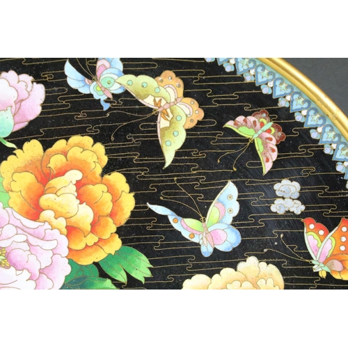 103 - Large Chinese cloisonne charger plate with wave, butterflies and floral design, 39cm diameter