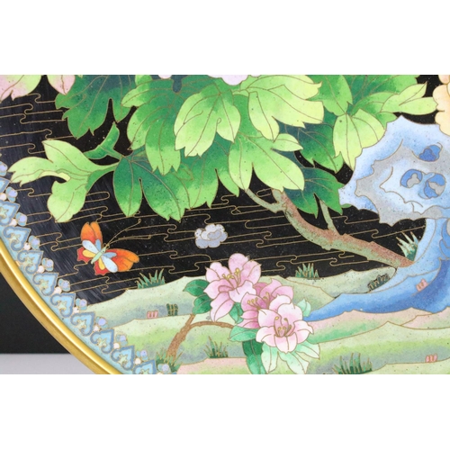 103 - Large Chinese cloisonne charger plate with wave, butterflies and floral design, 39cm diameter