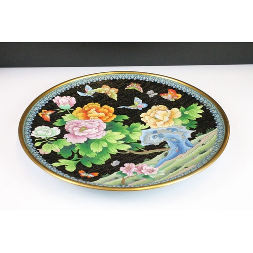 103 - Large Chinese cloisonne charger plate with wave, butterflies and floral design, 39cm diameter