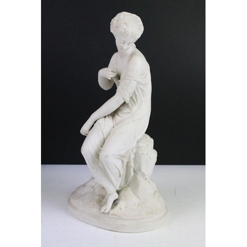 105 - Parian ware classical statue figurines depicting 'Scent' a seated lady and a girl with basket and gr... 