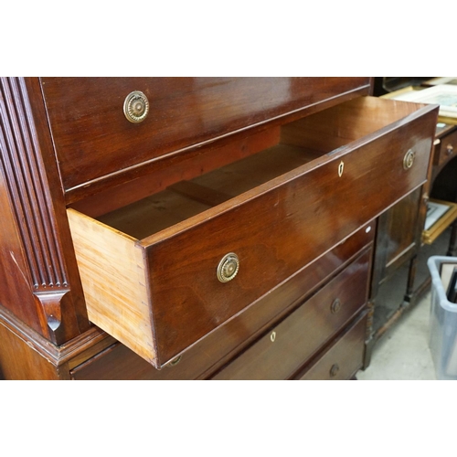 595 - 19th Century mahogany chest on chest having rounded medallion handles canted reeded corners to the t... 