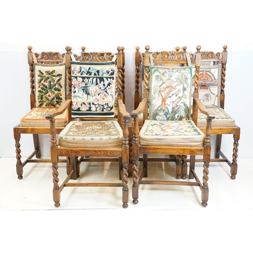 598 - Set of six 20th century carved oak barley twist dining room chairs with ornate handsewn tapestry cus... 