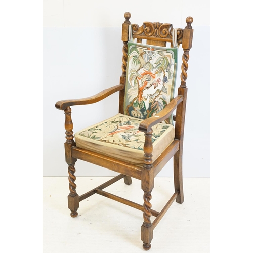 598 - Set of six 20th century carved oak barley twist dining room chairs with ornate handsewn tapestry cus... 