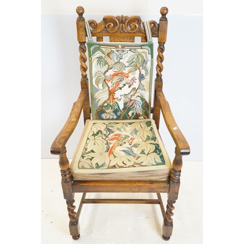 598 - Set of six 20th century carved oak barley twist dining room chairs with ornate handsewn tapestry cus... 