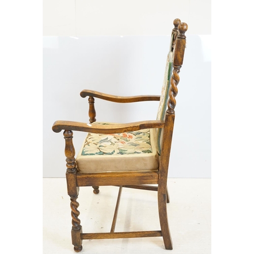 598 - Set of six 20th century carved oak barley twist dining room chairs with ornate handsewn tapestry cus... 