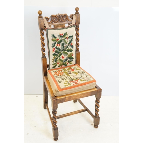 598 - Set of six 20th century carved oak barley twist dining room chairs with ornate handsewn tapestry cus... 