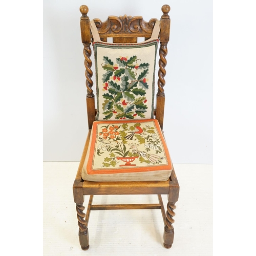 598 - Set of six 20th century carved oak barley twist dining room chairs with ornate handsewn tapestry cus... 