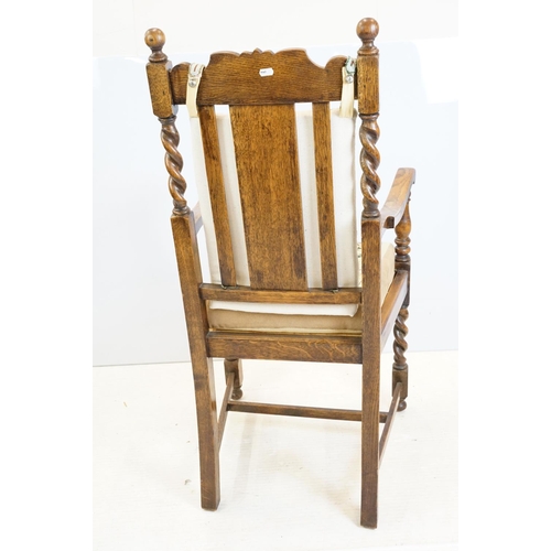 598 - Set of six 20th century carved oak barley twist dining room chairs with ornate handsewn tapestry cus... 