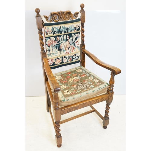 598 - Set of six 20th century carved oak barley twist dining room chairs with ornate handsewn tapestry cus... 