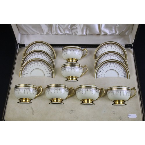 61A - Royal Doulton 'Fontainebleau' H.4978 green and gold filigree border tea set with lidded sugar pot, m... 