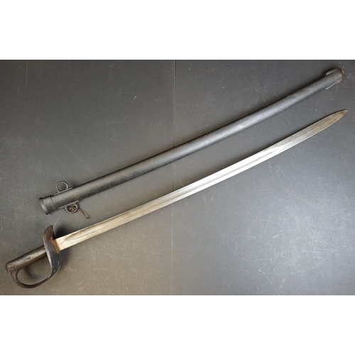 133 - A British model 1885 pattern Cavalry sword together with scabbard, WD and broad arrow mark to blade ... 