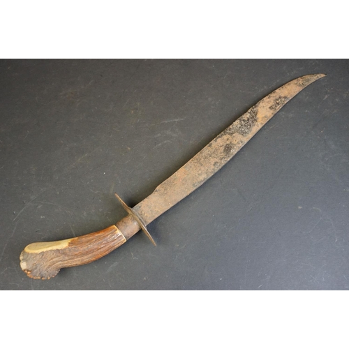 278 - A large antique German hunting knife, steel blade measures approx 35cm, antler handle measures appro... 