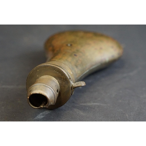 355 - Two antique powder / shot flasks to include a brass and a leather example.