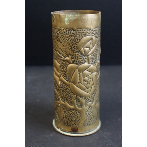 382 - A World War One / WW1 trench art vase made from a spent artillery shell together with a brass figure... 