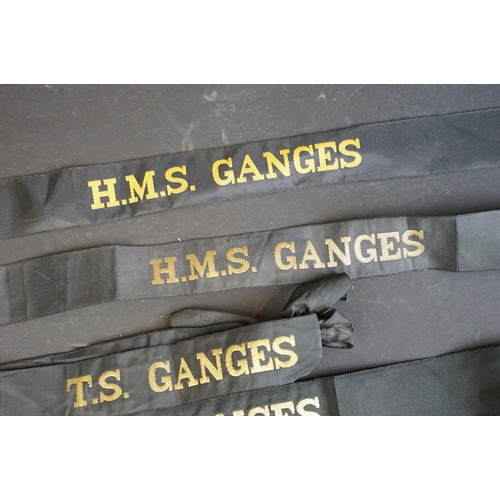 422 - A collection of British Royal Navy cap tallies to include HMS Ganges, HMS Bacchante...etc..