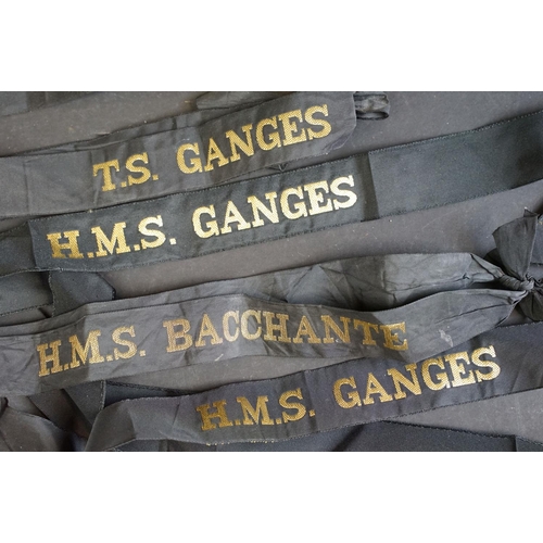 422 - A collection of British Royal Navy cap tallies to include HMS Ganges, HMS Bacchante...etc..