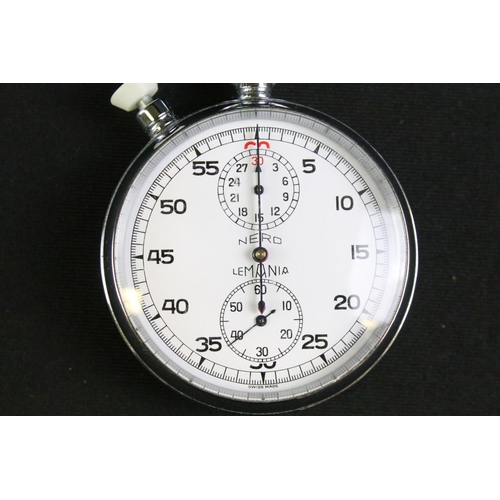 468 - A vintage 1960's British military issued Lemania stop watch, white dial with two sub dials, broad ar... 