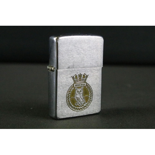 488 - A collection of three British Royal Navy souvenir Zippo lighters to include HMS Minerva, HMS Tireles... 