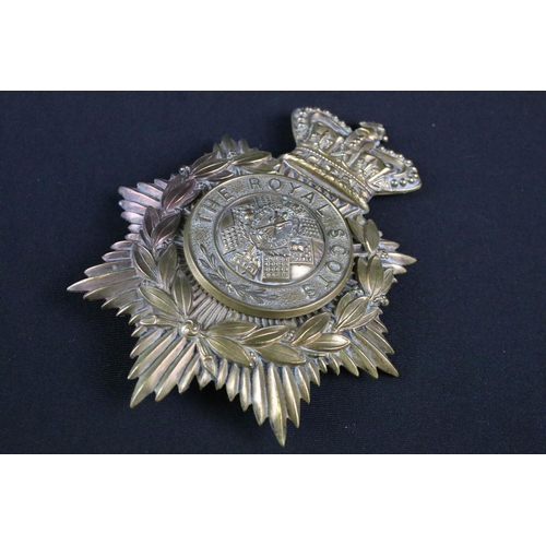 62 - A British army Queens Crown brass helmet plate badge to The Royal Scots Regiment with lug fixings to... 