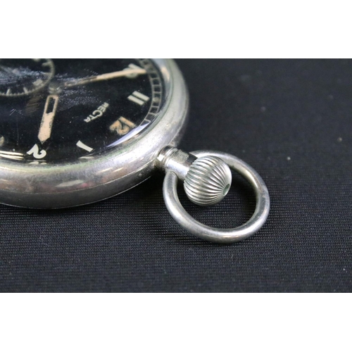 72 - A British military issued World War Two / WW2 Recta pocket watch, black dial with lume markers, sub ... 