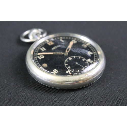 72 - A British military issued World War Two / WW2 Recta pocket watch, black dial with lume markers, sub ... 