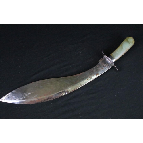 85 - A vintage c.1930's ceremonial / tourist Kukri knife, steel blade, Jade two piece handle, blade measu... 