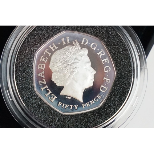 110 - A collection of four Royal Mint Queen Elizabeth II 50p silver proof coins to include 2014, 2015, 201... 