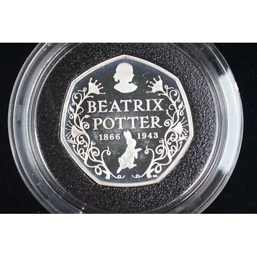 112 - A set of six Royal Mint Queen Elizabeth II United Kingdom Beatrix Potter silver proof 50p coins, all... 