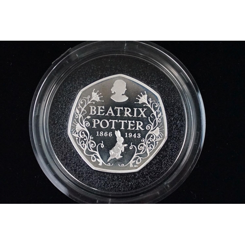 112 - A set of six Royal Mint Queen Elizabeth II United Kingdom Beatrix Potter silver proof 50p coins, all... 