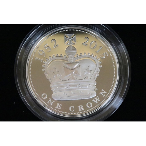 130 - A collection of four Royal Mint Queen Elizabeth II £5 silver proof coins to include 2015, 2017, 2016... 