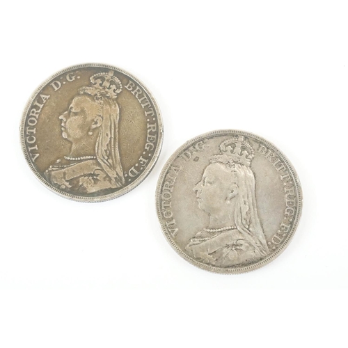 16 - Two British Queen Victoria silver full crown coins to include 1888 and 1889 examples.