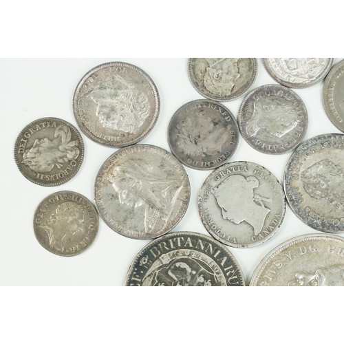 187 - A small collection of silver coins, mainly British pre decimal to include King George III, Queen Vic... 