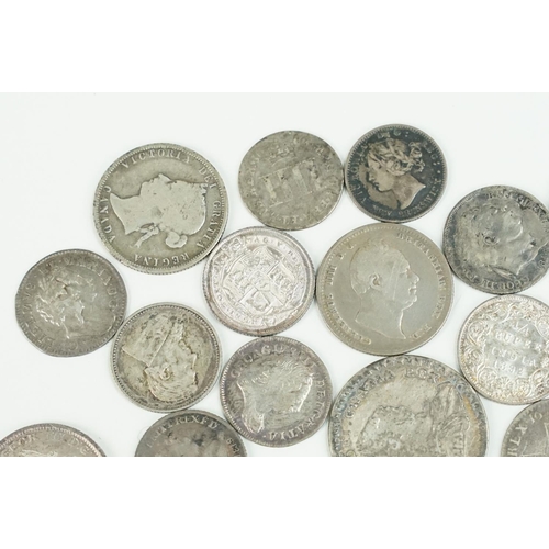 187 - A small collection of silver coins, mainly British pre decimal to include King George III, Queen Vic... 