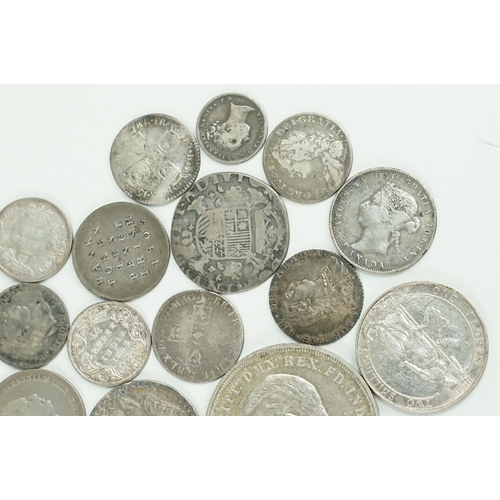 187 - A small collection of silver coins, mainly British pre decimal to include King George III, Queen Vic... 