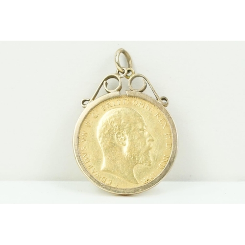 193 - A British King Edward VII 1908 gold full sovereign coin within a 9ct gold pendant mount.