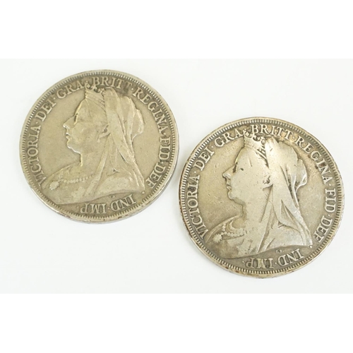 54 - Two British Queen Victoria silver full crown coins to include 1893 and 1895 examples.