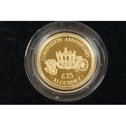 57 - A Royal Mint United Kingdom Alderney Coronation Anniversary £25 gold coin, encapsulated within fitte... 