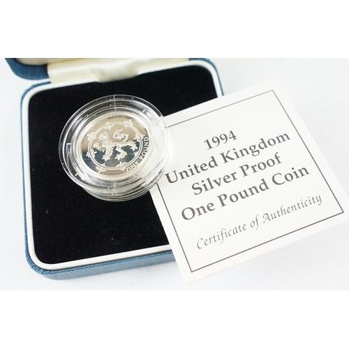 69 - Three Royal Mint United Kingdom silver proof £1 coins to include 1994, 1997 and the 1997 Piedfort ex... 