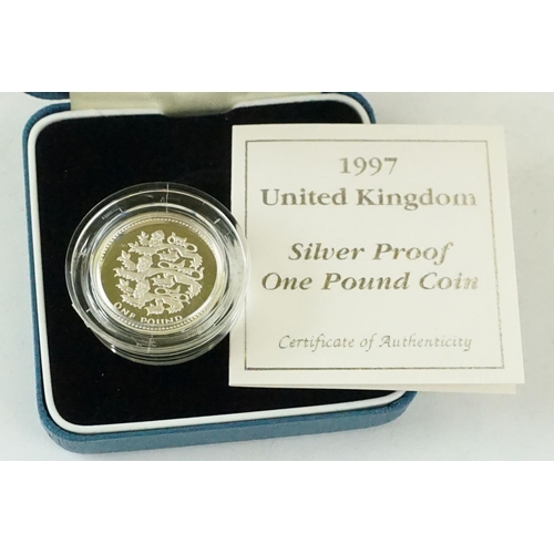 69 - Three Royal Mint United Kingdom silver proof £1 coins to include 1994, 1997 and the 1997 Piedfort ex... 