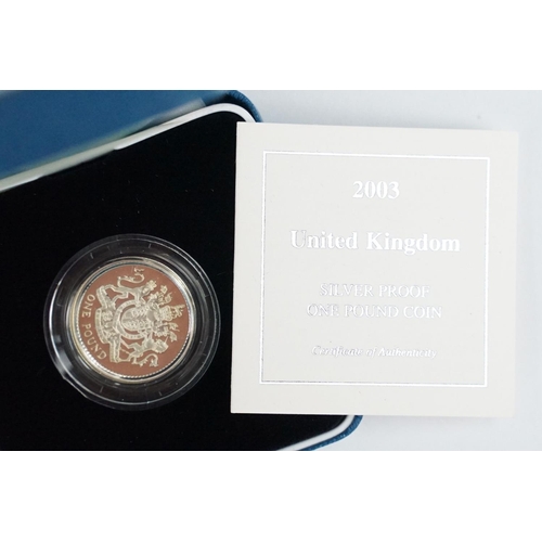 87 - A collection of four Royal Mint Queen Elizabeth II £1 silver proof coins to include 1999, 2002, 2003... 