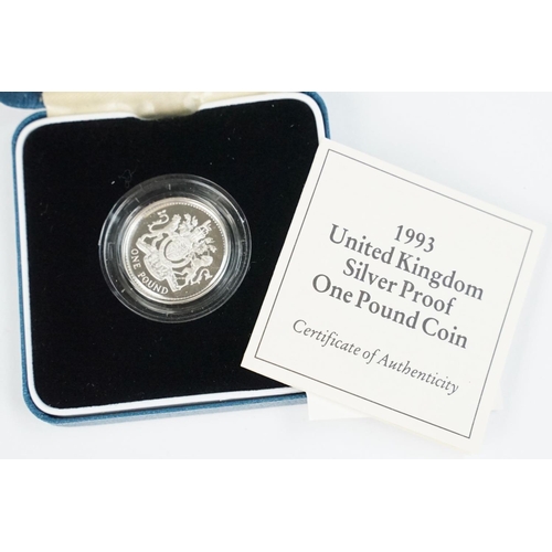 90 - A collection of four Royal Mint Queen Elizabeth II £1 silver proof coins to include 1993, 1998, 1989... 