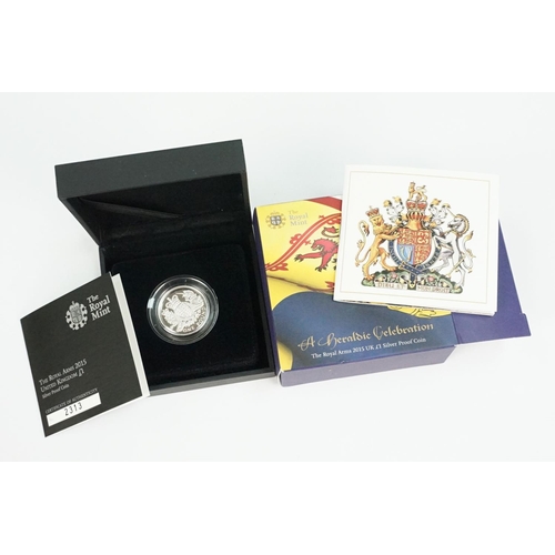 93 - A collection of three Royal Mint Queen Elizabeth II £1 silver proof coins to include 2016, 2015, and... 