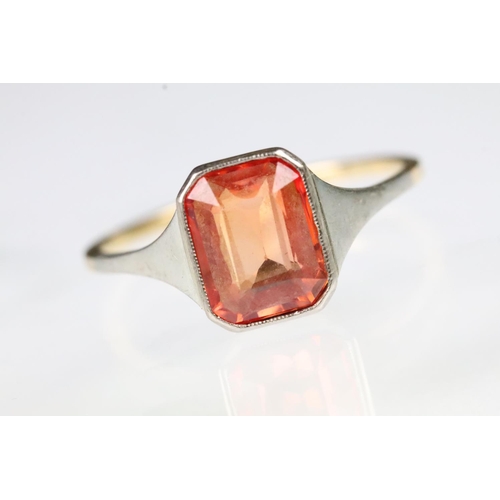 51 - Art Deco 18ct gold and orange topaz ring being set with an rectangular mixed cut orange topaz in a b... 