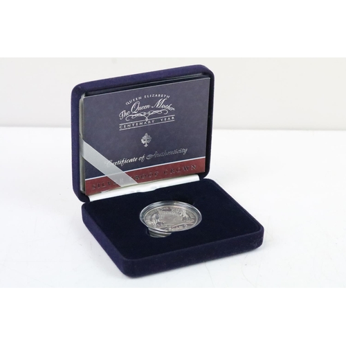 222 - Two silver proof £5 / Crown coins to include the 2000 Queen Mother centenary coin and the 2018 100 Y... 