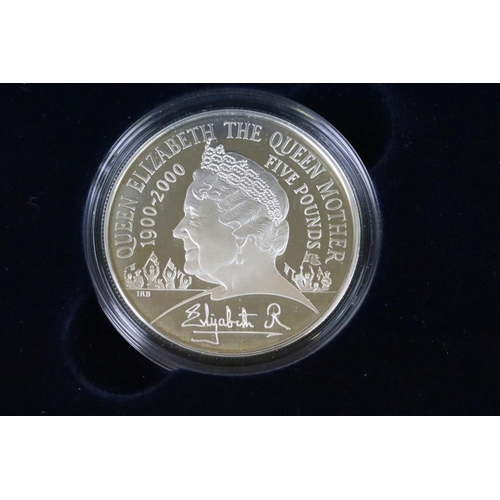 222 - Two silver proof £5 / Crown coins to include the 2000 Queen Mother centenary coin and the 2018 100 Y... 