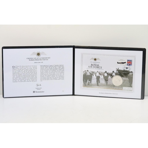 229 - Two silver £5 coin / stamp covers to include the 50th anniversary of 'The Battle of Britian' and the... 