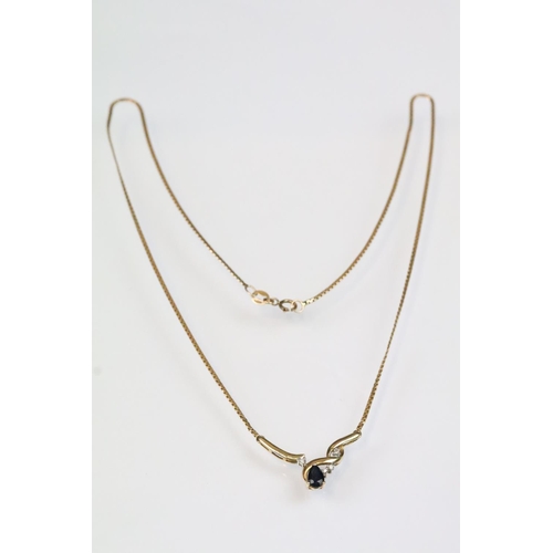 22 - 9ct gold sapphire and diamond collar necklace being set with a pear cut sapphire in a twist setting ... 