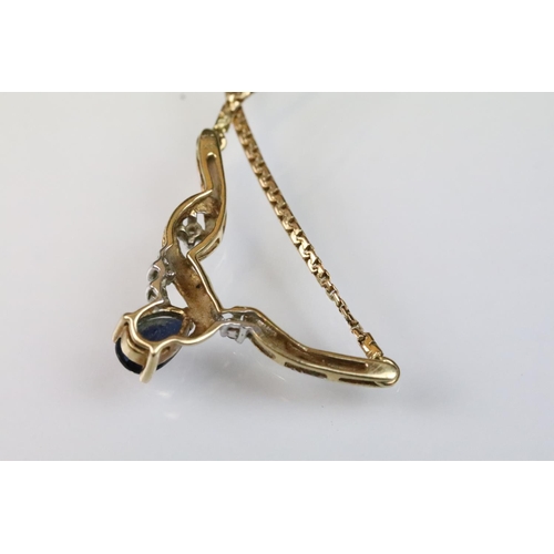 22 - 9ct gold sapphire and diamond collar necklace being set with a pear cut sapphire in a twist setting ... 
