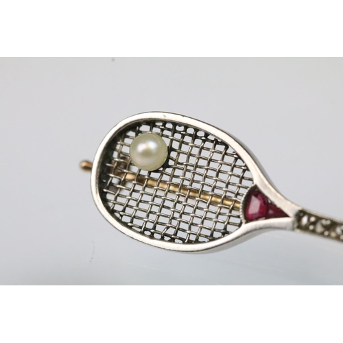 4 - Early 20th Century tennis racket brooch having a white metal racket set with diamonds to the handle ... 