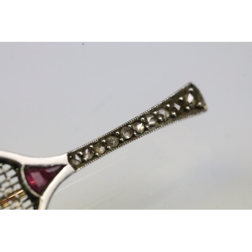4 - Early 20th Century tennis racket brooch having a white metal racket set with diamonds to the handle ... 
